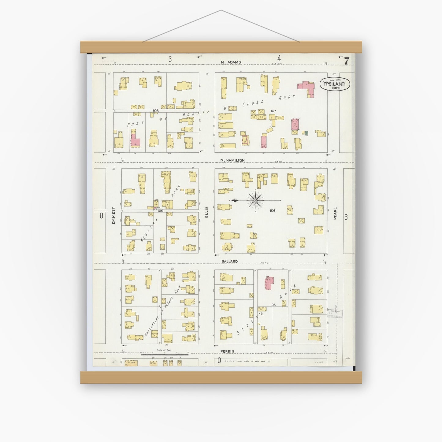 Old map wall art mockup — magnetic wood frame on white wall — Sanborn Fire Insurance Map from Ypsilanti, Washtenaw County, Michigan (1899), Sheet #0007