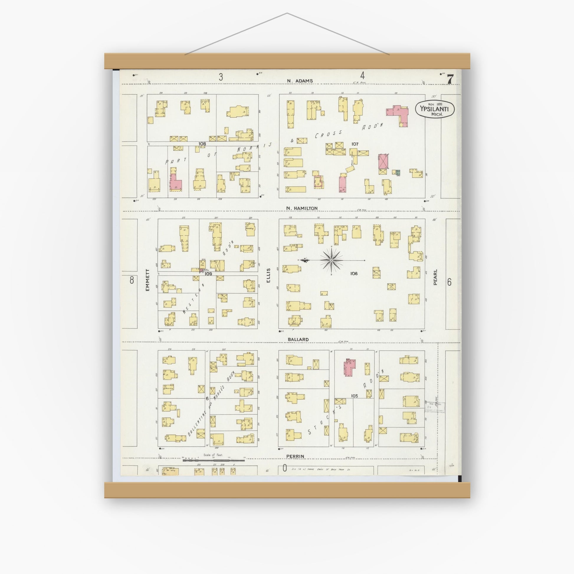 Old map wall art mockup — magnetic wood frame on white wall — Sanborn Fire Insurance Map from Ypsilanti, Washtenaw County, Michigan (1899), Sheet #0007