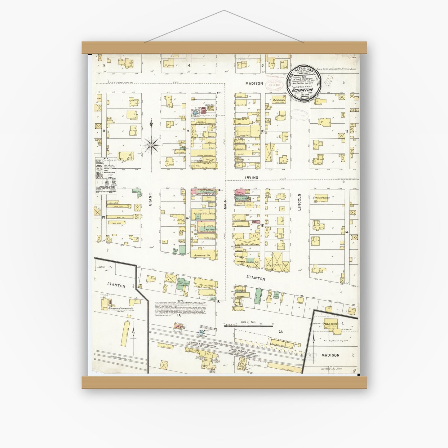 Old map wall art mockup — magnetic wood frame on white wall — Sanborn Fire Insurance Map from Scranton, Greene County, Iowa (1898), Sheet #0001