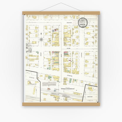 Old map wall art mockup — magnetic wood frame on white wall — Sanborn Fire Insurance Map from Scranton, Greene County, Iowa (1898), Sheet #0001