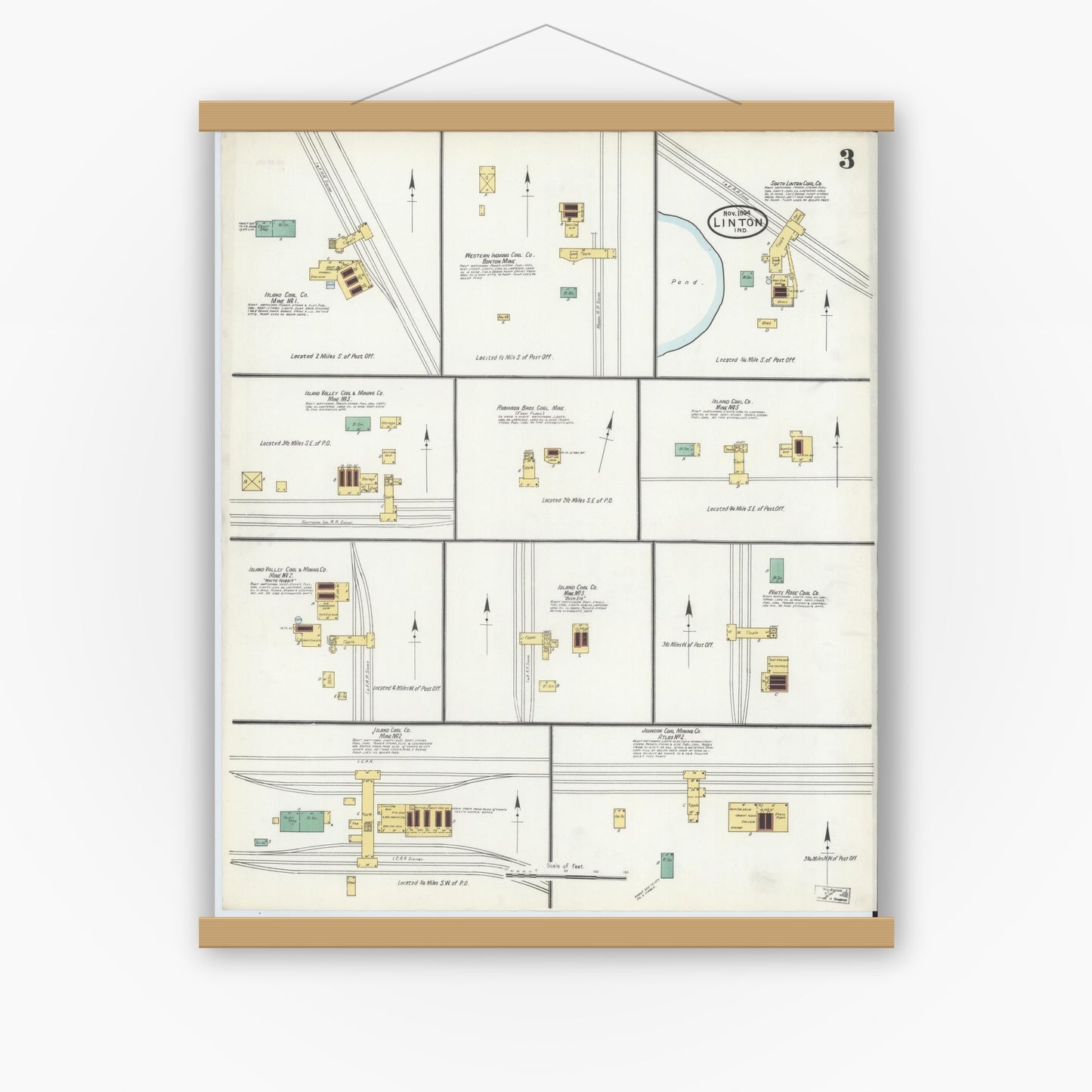 Old map wall art mockup — magnetic wood frame on white wall — Sanborn Fire Insurance Map from Linton, Greene County, Indiana (1904), Sheet #0003