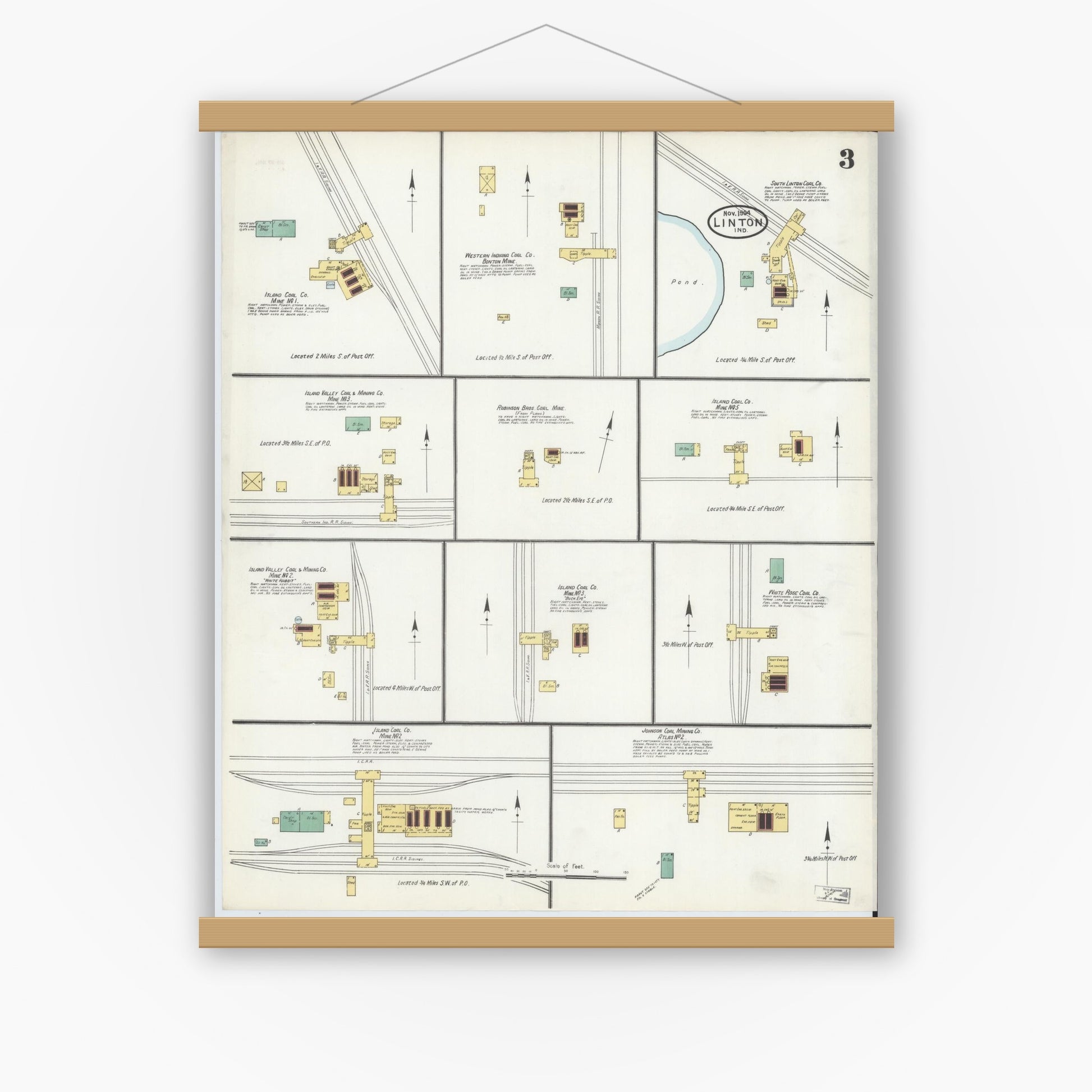 Old map wall art mockup — magnetic wood frame on white wall — Sanborn Fire Insurance Map from Linton, Greene County, Indiana (1904), Sheet #0003