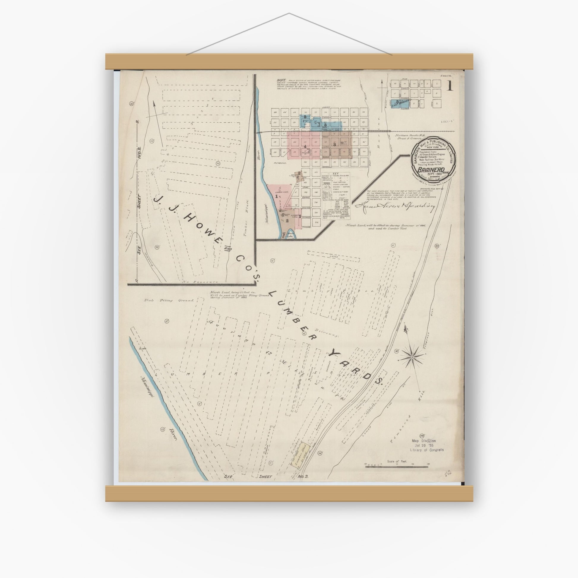 Old map wall art mockup — magnetic wood frame on white wall — Sanborn Fire Insurance Map from Brainerd, Crow Wing County, Minnesota (1885) - Complete Map Set