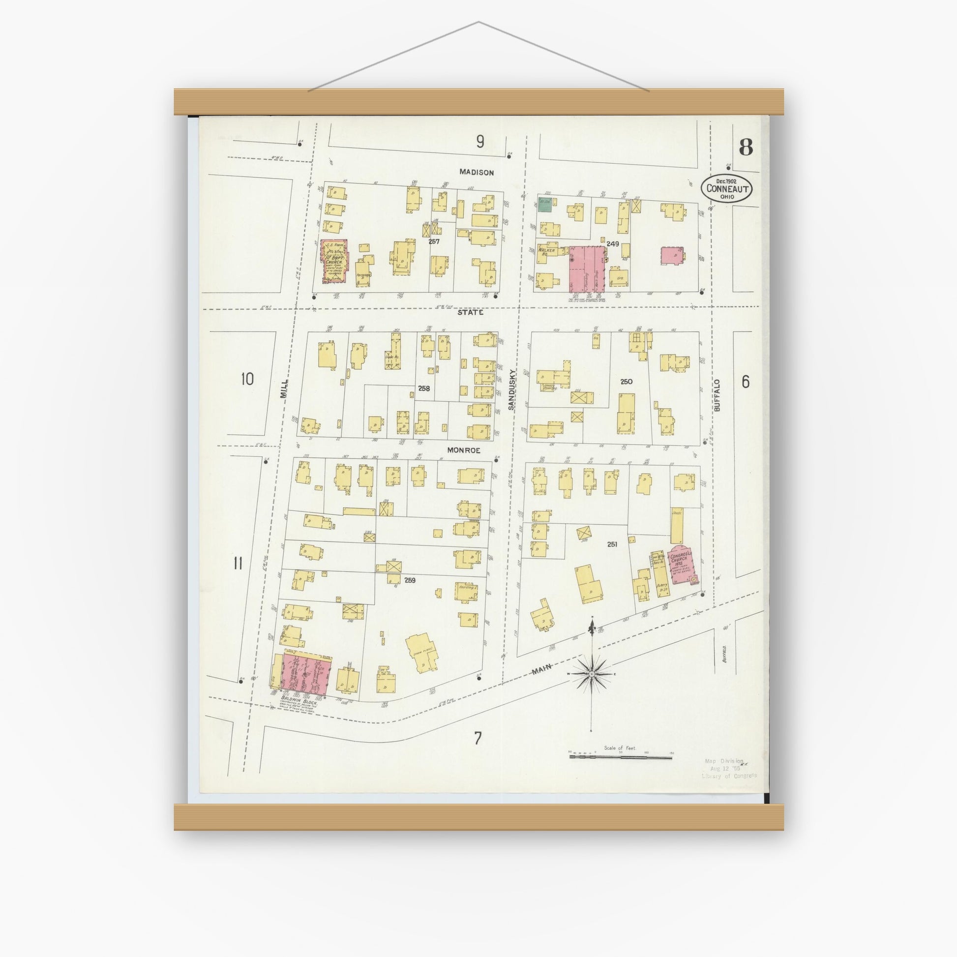 Old map wall art mockup — magnetic wood frame on white wall — Sanborn Fire Insurance Map from Conneaut, Ashtabula County, Ohio (1902), Sheet #0008