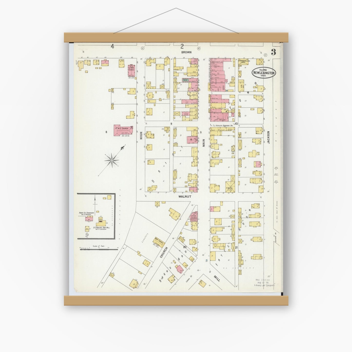 Old map wall art mockup — magnetic wood frame on white wall — Sanborn Fire Insurance Map from New Lexington, Perry County, Ohio (1900), Sheet #0003