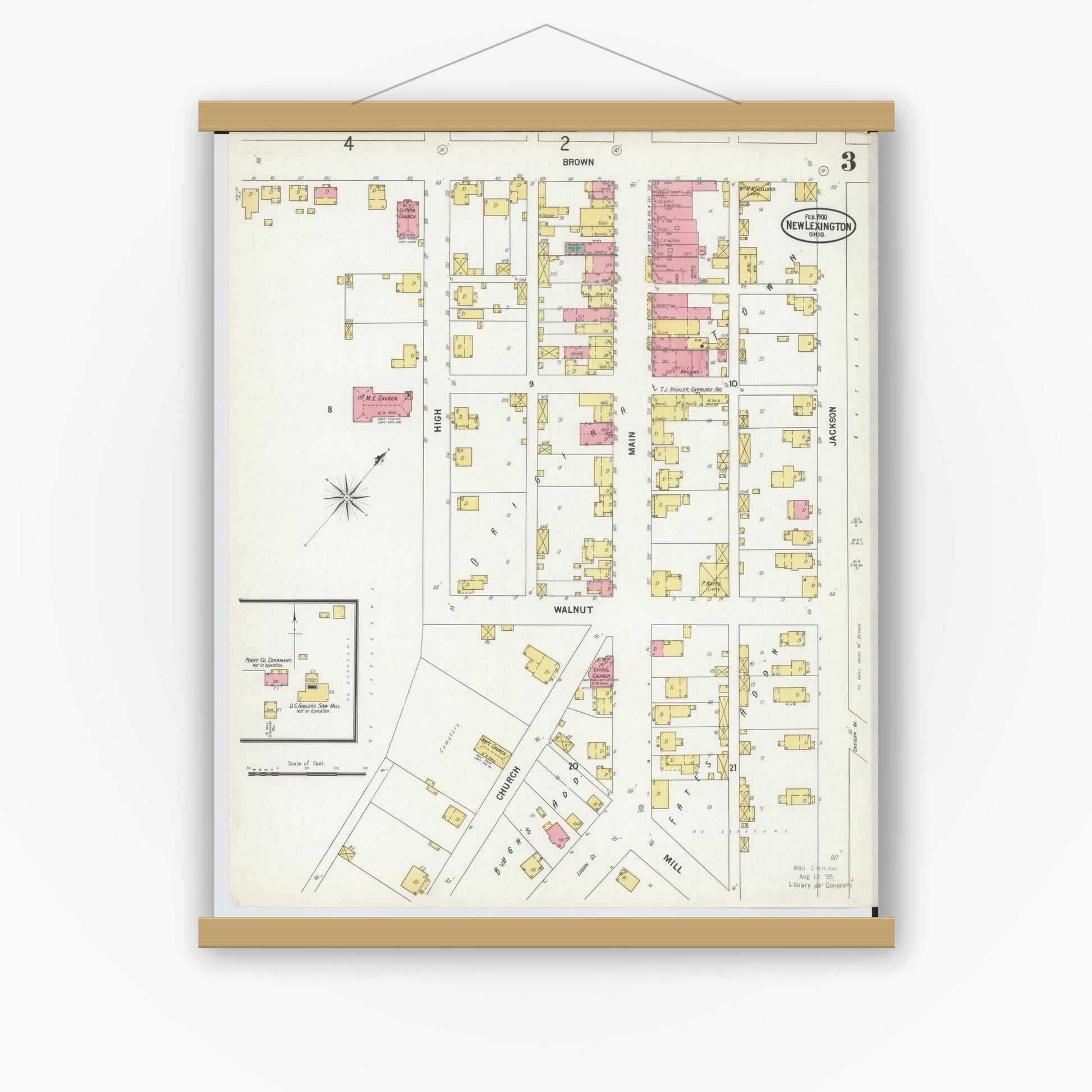 Old map wall art mockup — magnetic wood frame on white wall — Sanborn Fire Insurance Map from New Lexington, Perry County, Ohio (1900), Sheet #0003