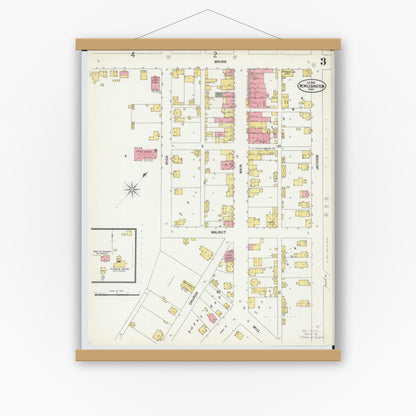 Old map wall art mockup — magnetic wood frame on white wall — Sanborn Fire Insurance Map from New Lexington, Perry County, Ohio (1900), Sheet #0003