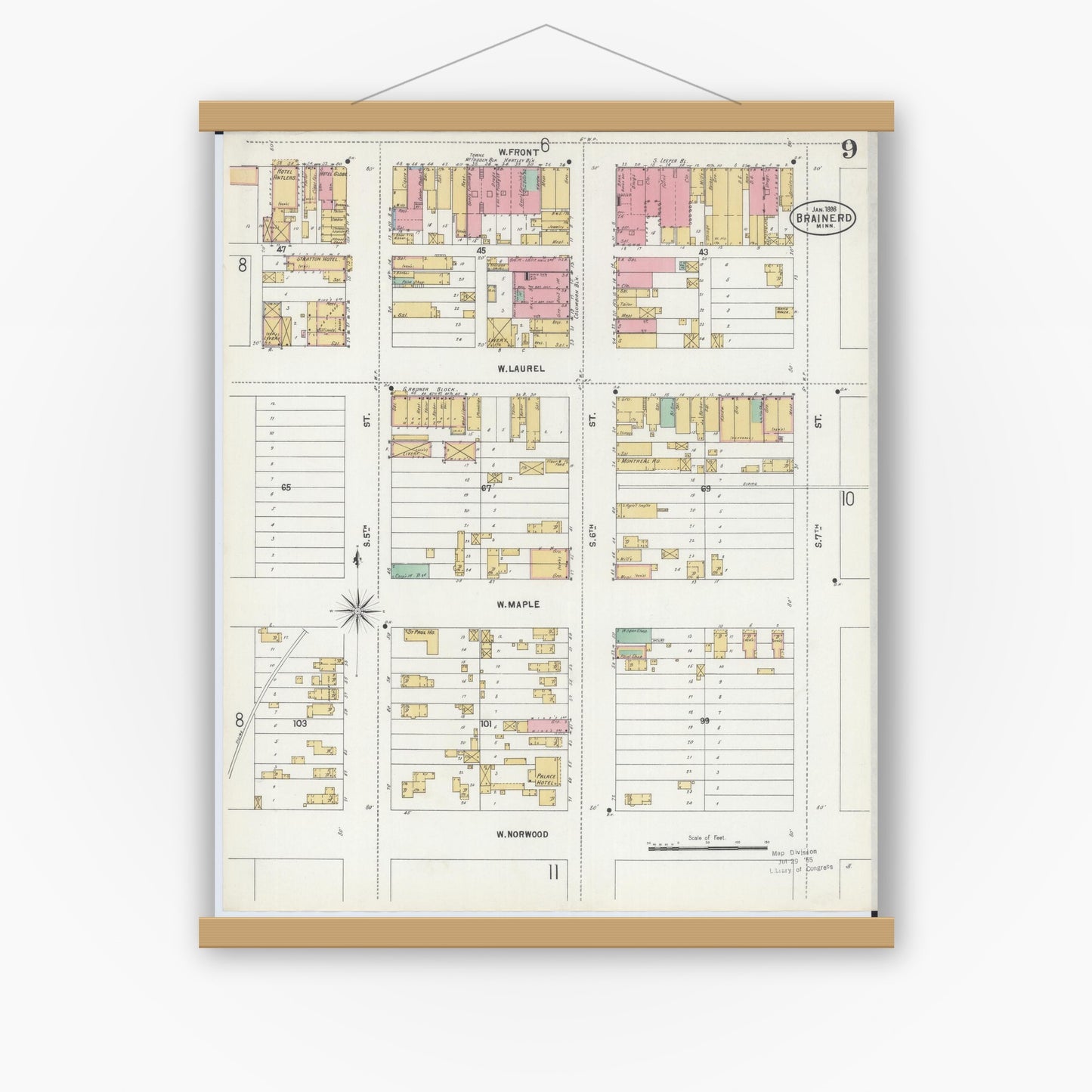 Old map wall art mockup — magnetic wood frame on white wall — Sanborn Fire Insurance Map from Brainerd, Crow Wing County, Minnesota (1898), Sheet #0009