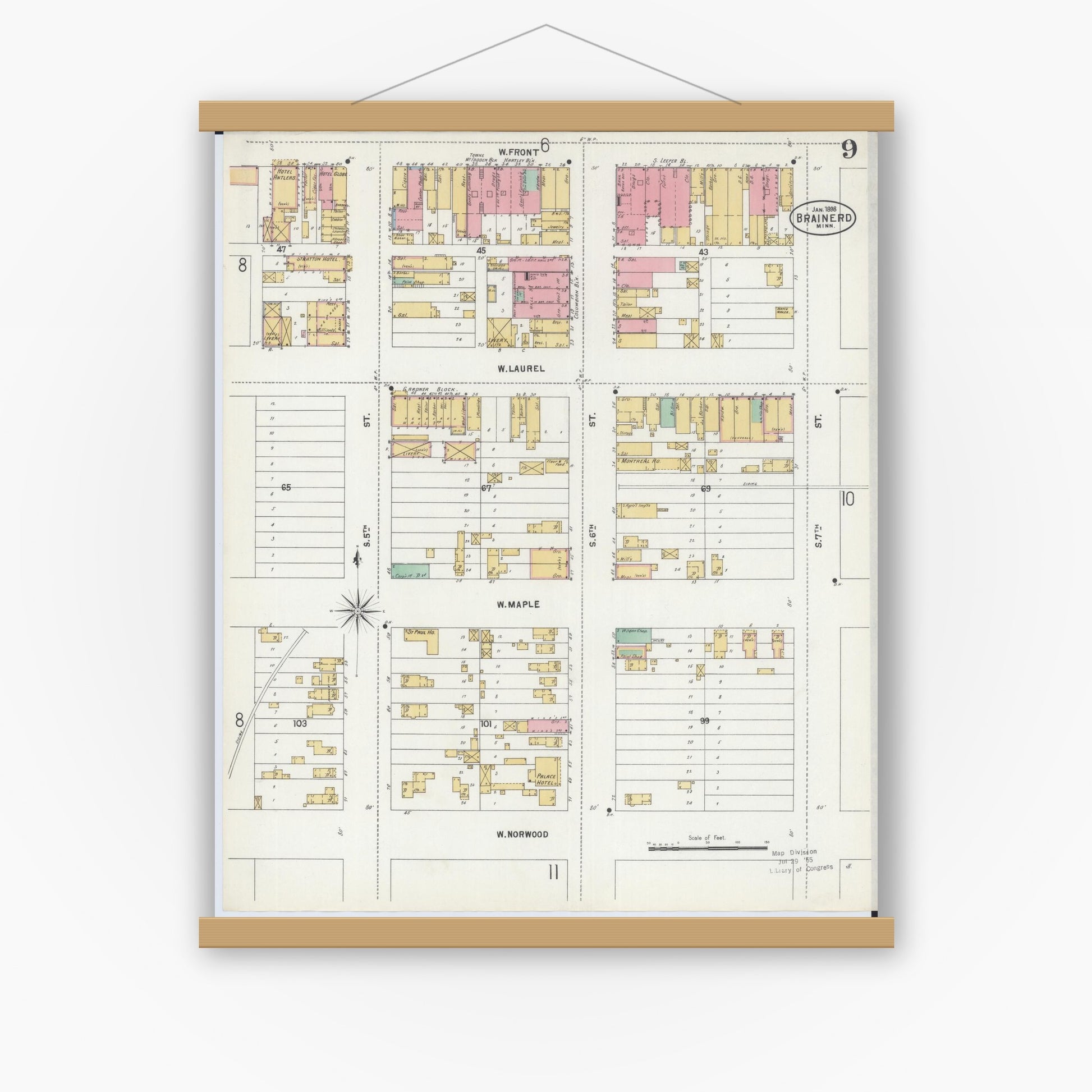 Old map wall art mockup — magnetic wood frame on white wall — Sanborn Fire Insurance Map from Brainerd, Crow Wing County, Minnesota (1898), Sheet #0009