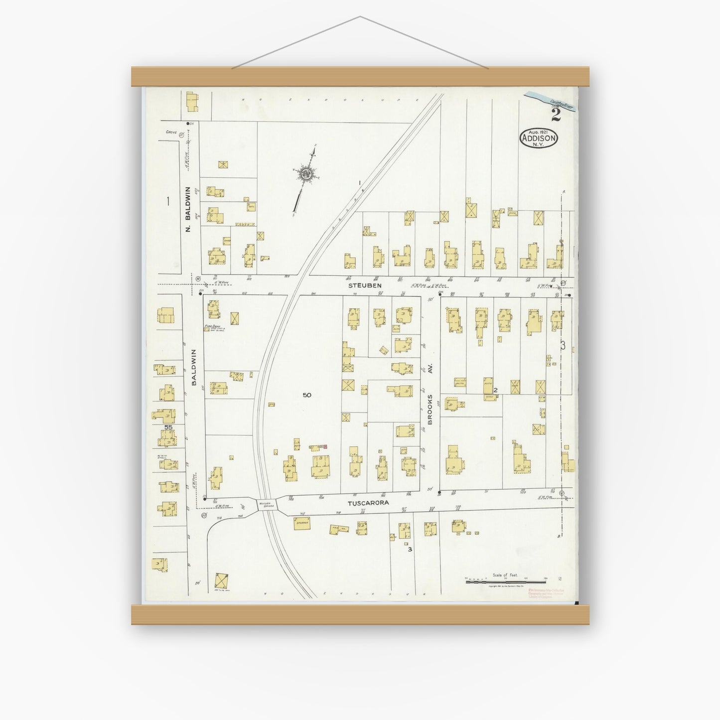 Old map wall art mockup — magnetic wood frame on white wall — Sanborn Fire Insurance Map from Addison, Steuben County, New York (1921), Sheet #0002