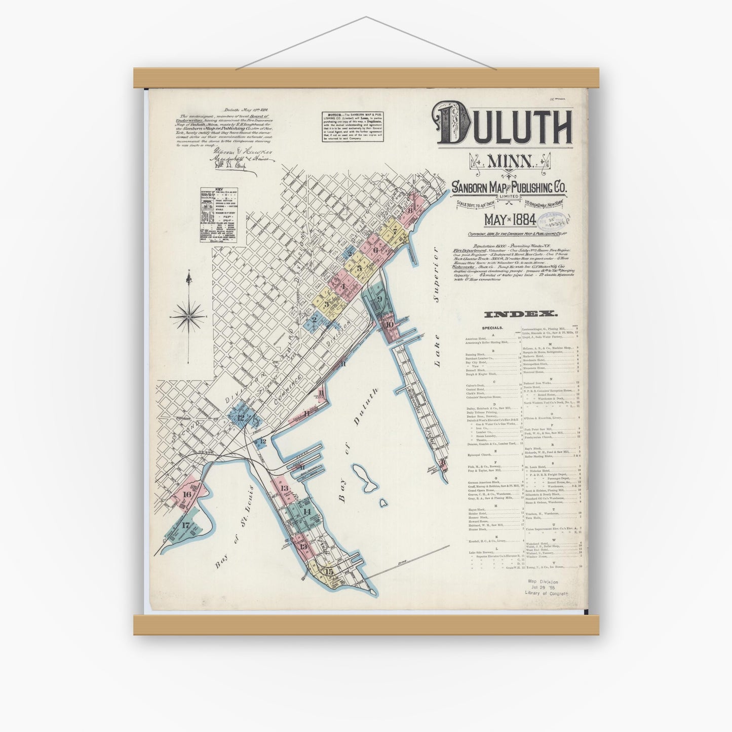 Old map wall art mockup — magnetic wood frame on white wall — Sanborn Fire Insurance Map from Duluth, Saint Louis County, Minnesota (1884), Sheet #0001