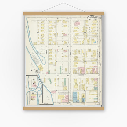 Old map wall art mockup — magnetic wood frame on white wall — Sanborn Fire Insurance Map from Logansport, Cass County, Indiana (1890), Sheet #0004