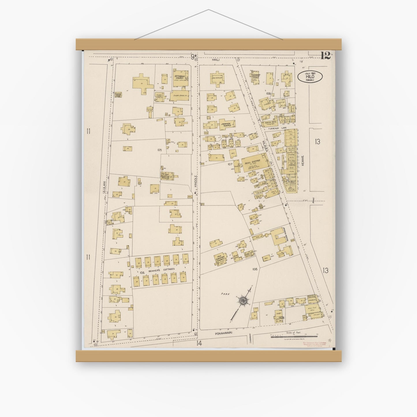 Old map wall art mockup — magnetic wood frame on white wall — Sanborn Fire Insurance Map from Hilo, Hawaii County, Hawaii (1921), Sheet #0012