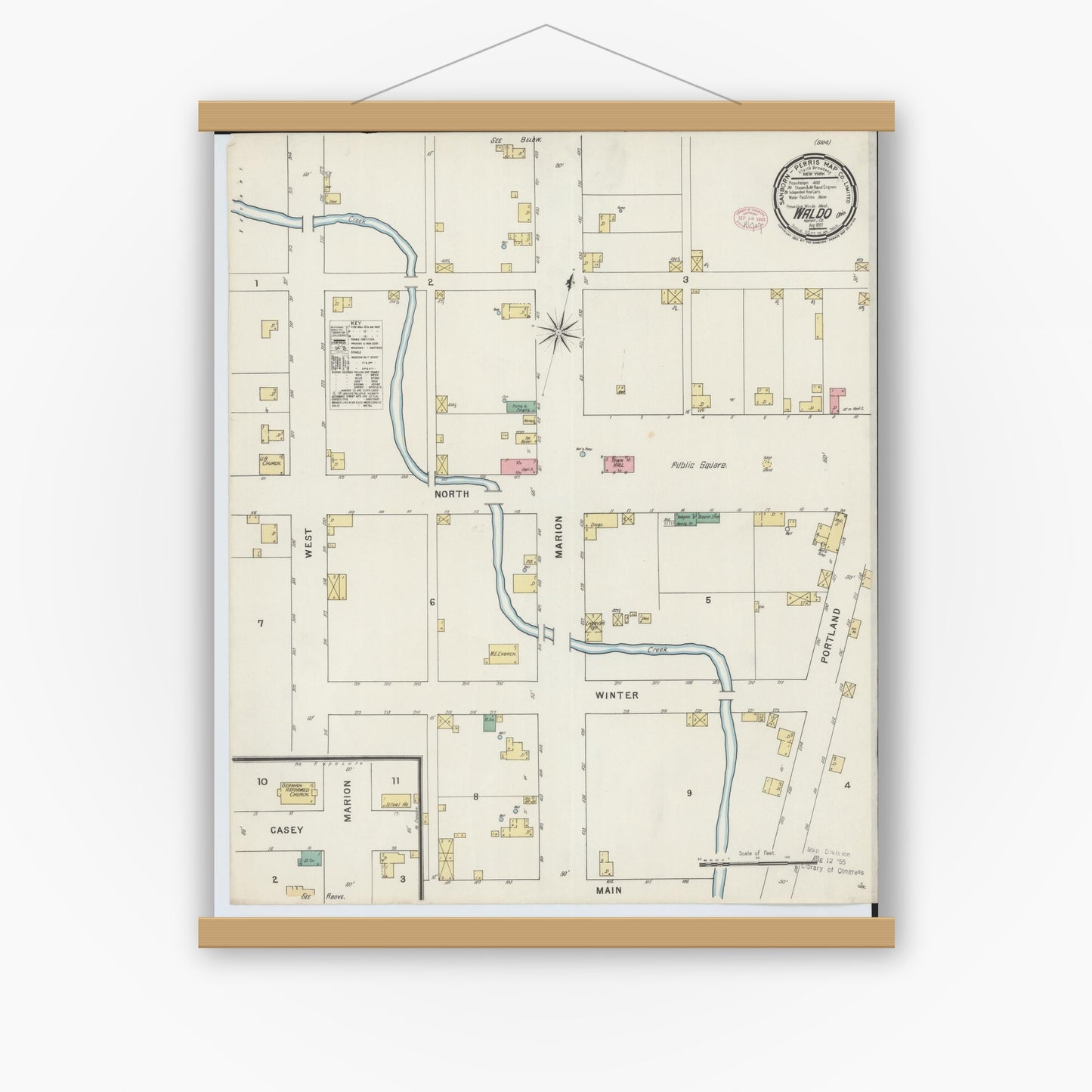 Old map wall art mockup — magnetic wood frame on white wall — Sanborn Fire Insurance Map from Waldo, Marion County, Ohio (1895), Sheet #0001
