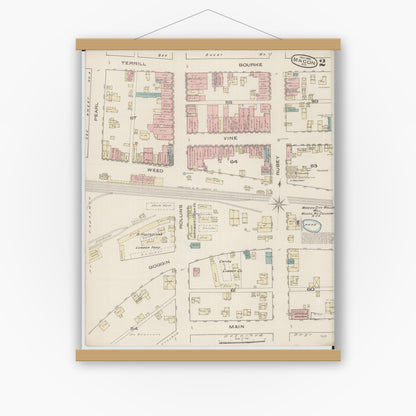 Old map wall art mockup — magnetic wood frame on white wall — Sanborn Fire Insurance Map from Macon, Macon County, Missouri (1885), Sheet #0002