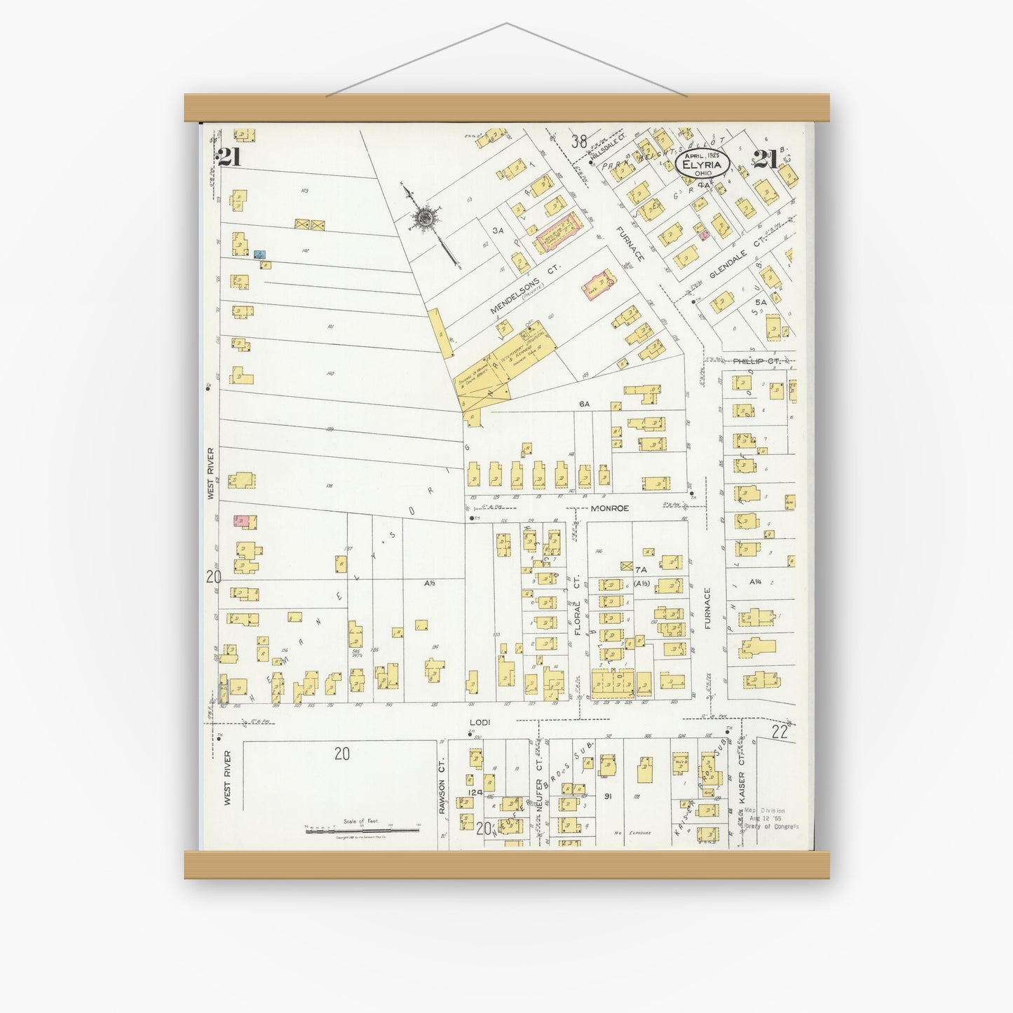 Old map wall art mockup — magnetic wood frame on white wall — Sanborn Fire Insurance Map from Elyria, Lorain County, Ohio (1925), Sheet #0021