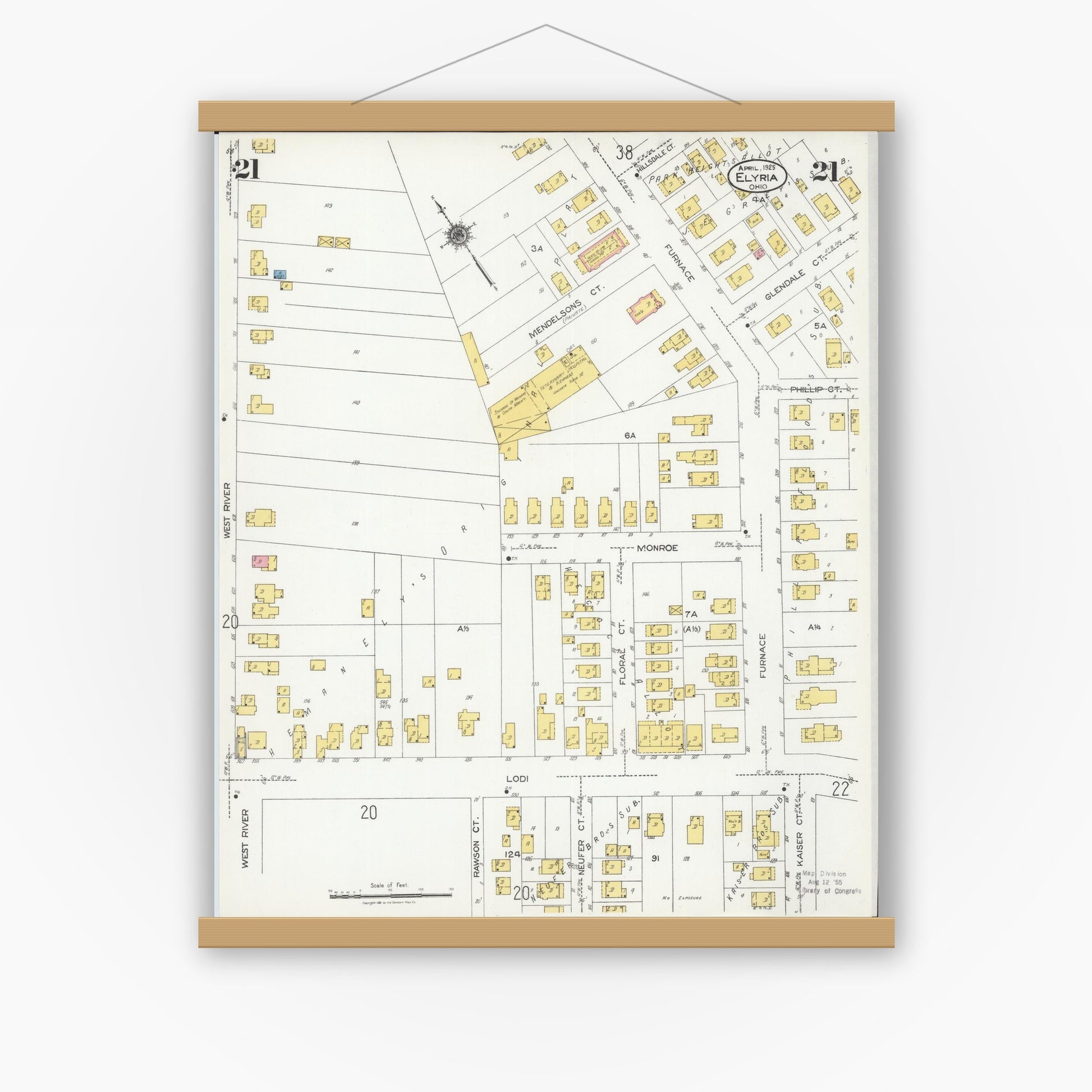 Old map wall art mockup — magnetic wood frame on white wall — Sanborn Fire Insurance Map from Elyria, Lorain County, Ohio (1925), Sheet #0021