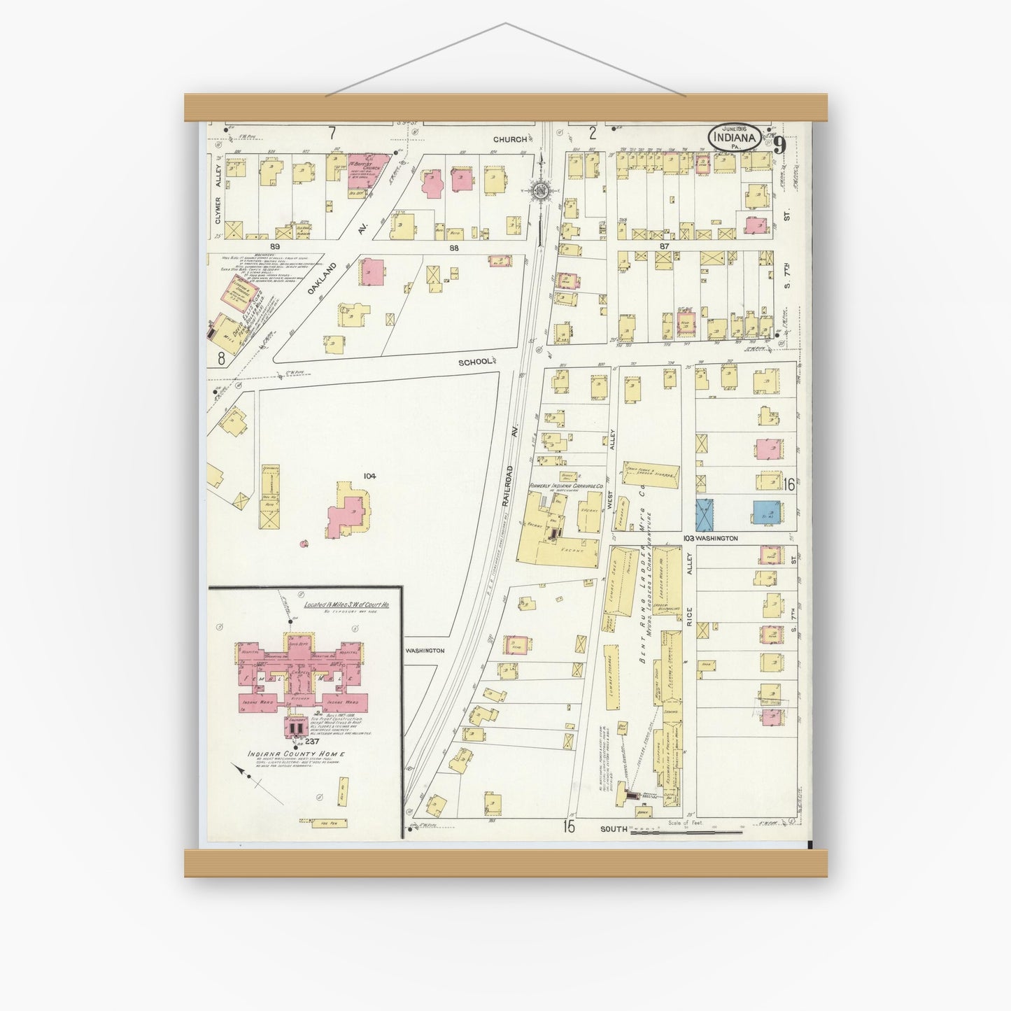Old map wall art mockup — magnetic wood frame on white wall — Sanborn Fire Insurance Map from Indiana, Indiana County, Pennsylvania (1916), Sheet #0009
