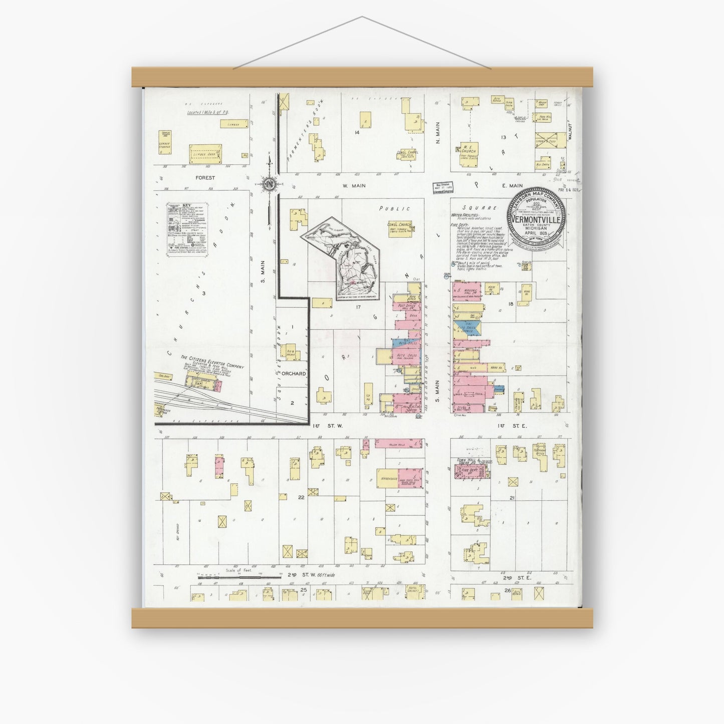 Old map wall art mockup — magnetic wood frame on white wall — Sanborn Fire Insurance Map from Vermontville, Eaton County, Michigan (1928), Sheet #0001