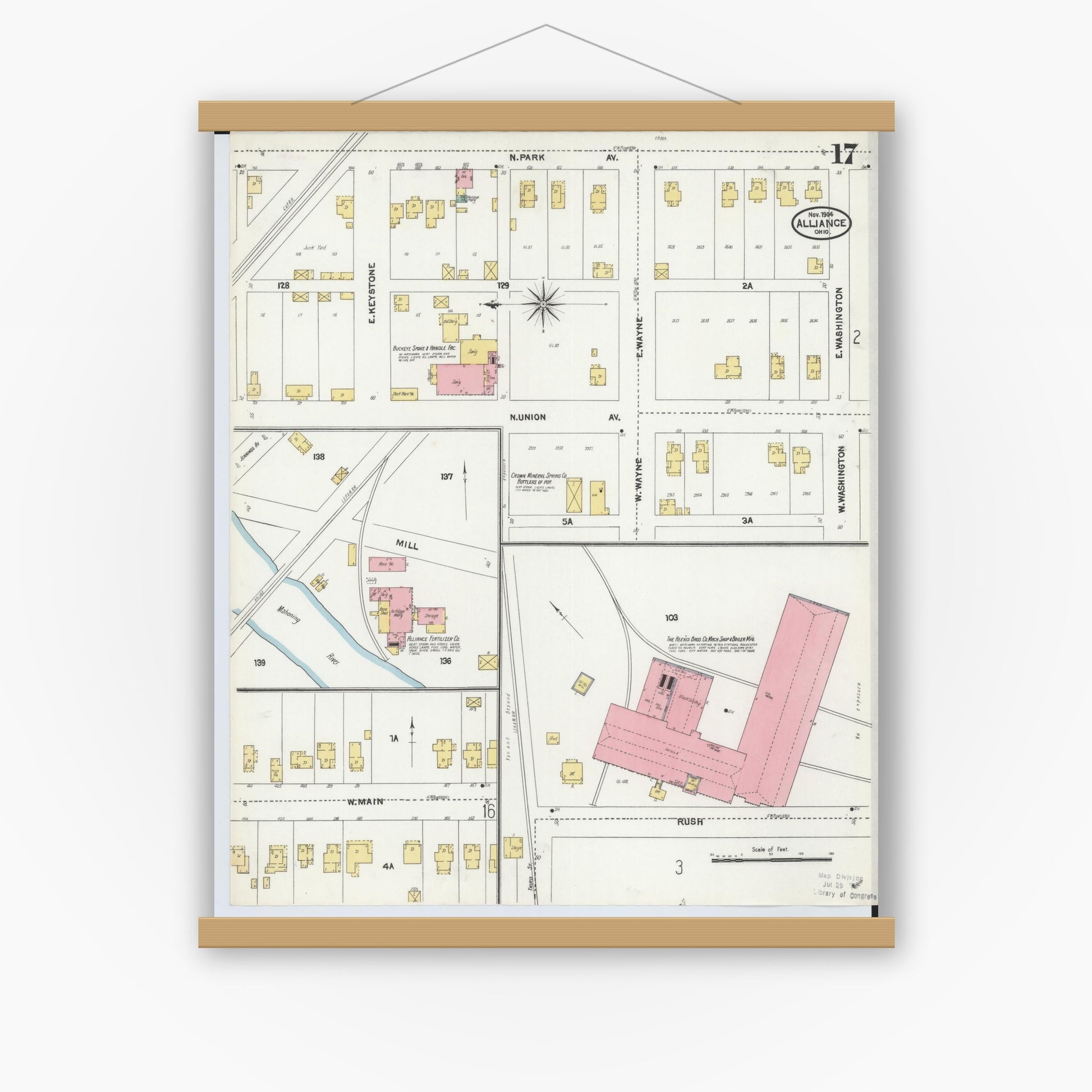 Old map wall art mockup — magnetic wood frame on white wall — Sanborn Fire Insurance Map from Alliance, Stark County, Ohio (1904), Sheet #0017