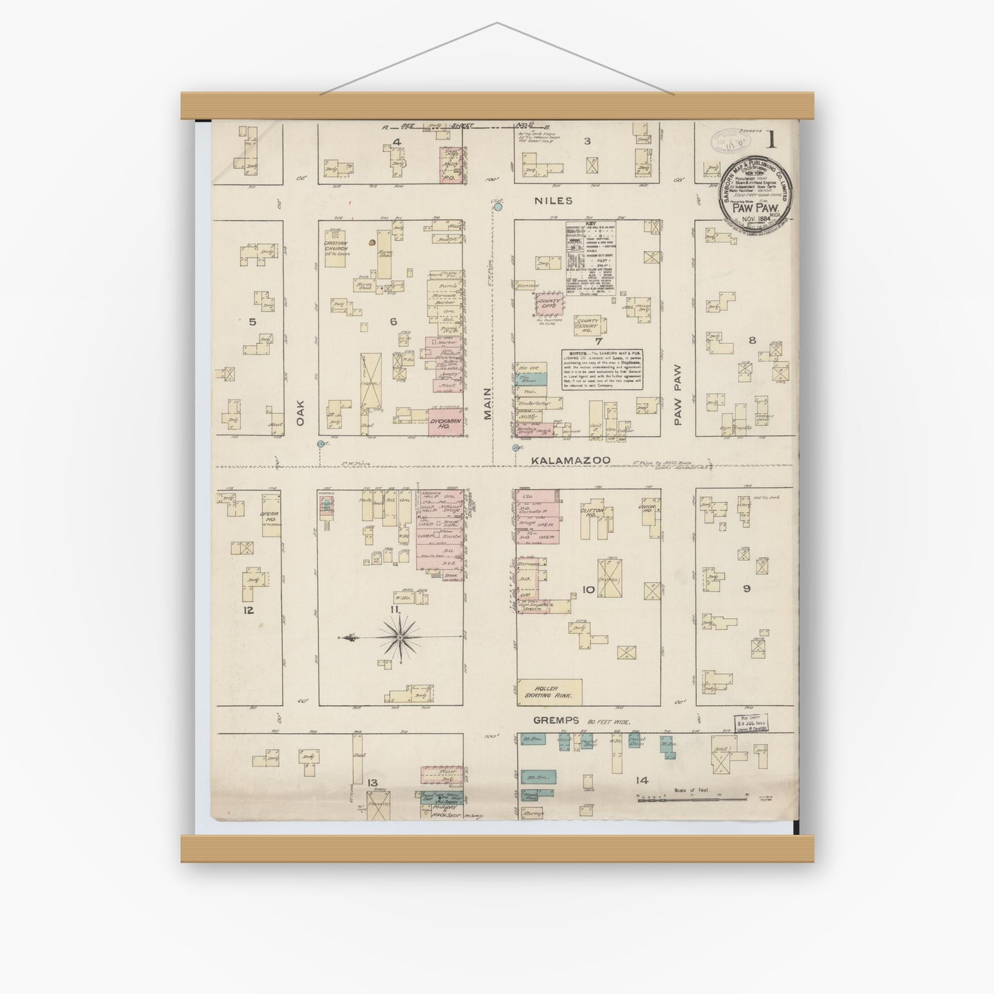 Old map wall art mockup — magnetic wood frame on white wall — Sanborn Fire Insurance Map from Paw Paw, Van Buren County, Michigan (1884) - Complete Map Set