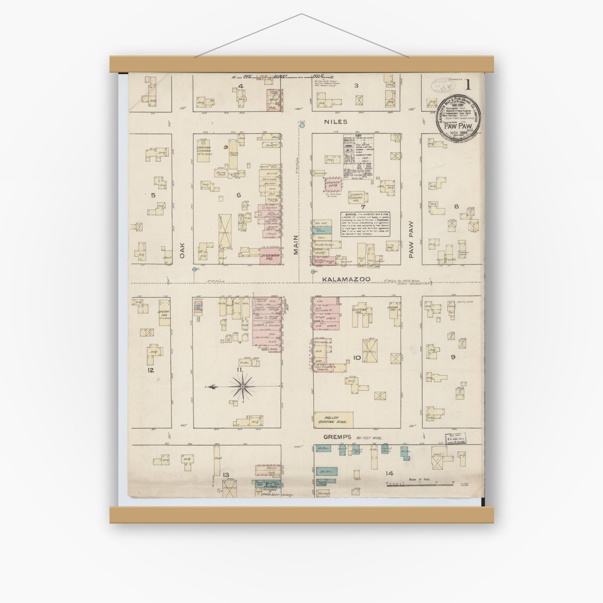Old map wall art mockup — magnetic wood frame on white wall — Sanborn Fire Insurance Map from Paw Paw, Van Buren County, Michigan (1884) - Complete Map Set