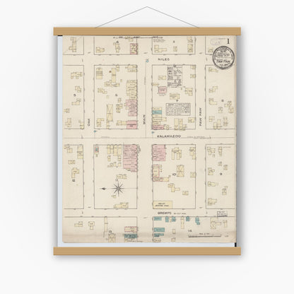 Old map wall art mockup — magnetic wood frame on white wall — Sanborn Fire Insurance Map from Paw Paw, Van Buren County, Michigan (1884) - Complete Map Set