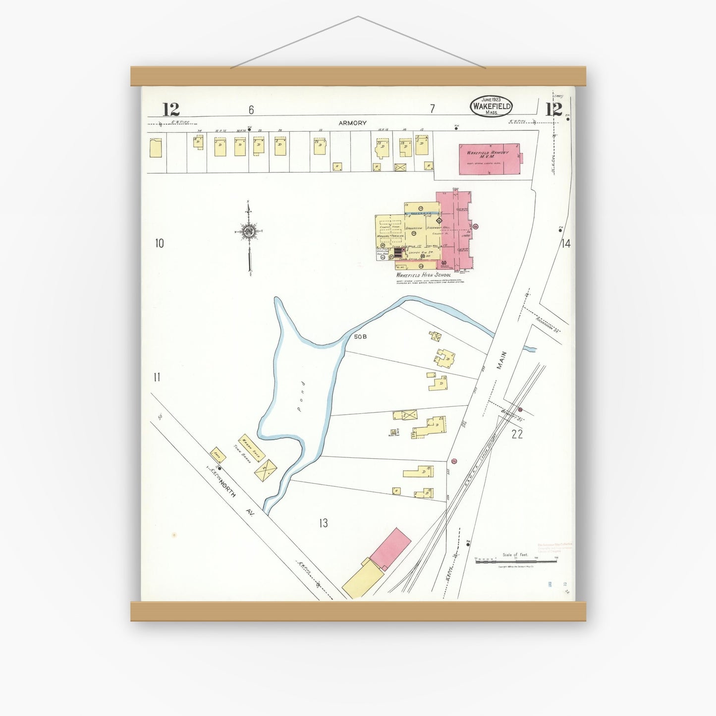 Old map wall art mockup — magnetic wood frame on white wall — Sanborn Fire Insurance Map from Wakefield, Middlesex County, Massachusetts (1923), Sheet #0012