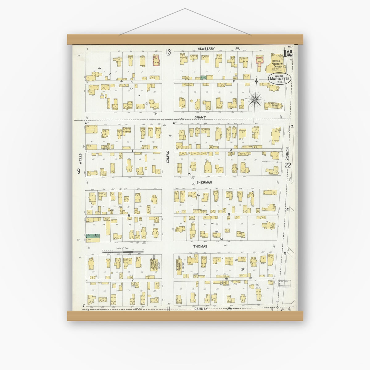 Old map wall art mockup — magnetic wood frame on white wall — Sanborn Fire Insurance Map from Marinette, Marinette County, Wisconsin (1901), Sheet #0012