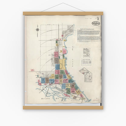 Old map wall art mockup — magnetic wood frame on white wall — Sanborn Fire Insurance Map from Menominee, Menominee County, Michigan (1950), Sheet #0001