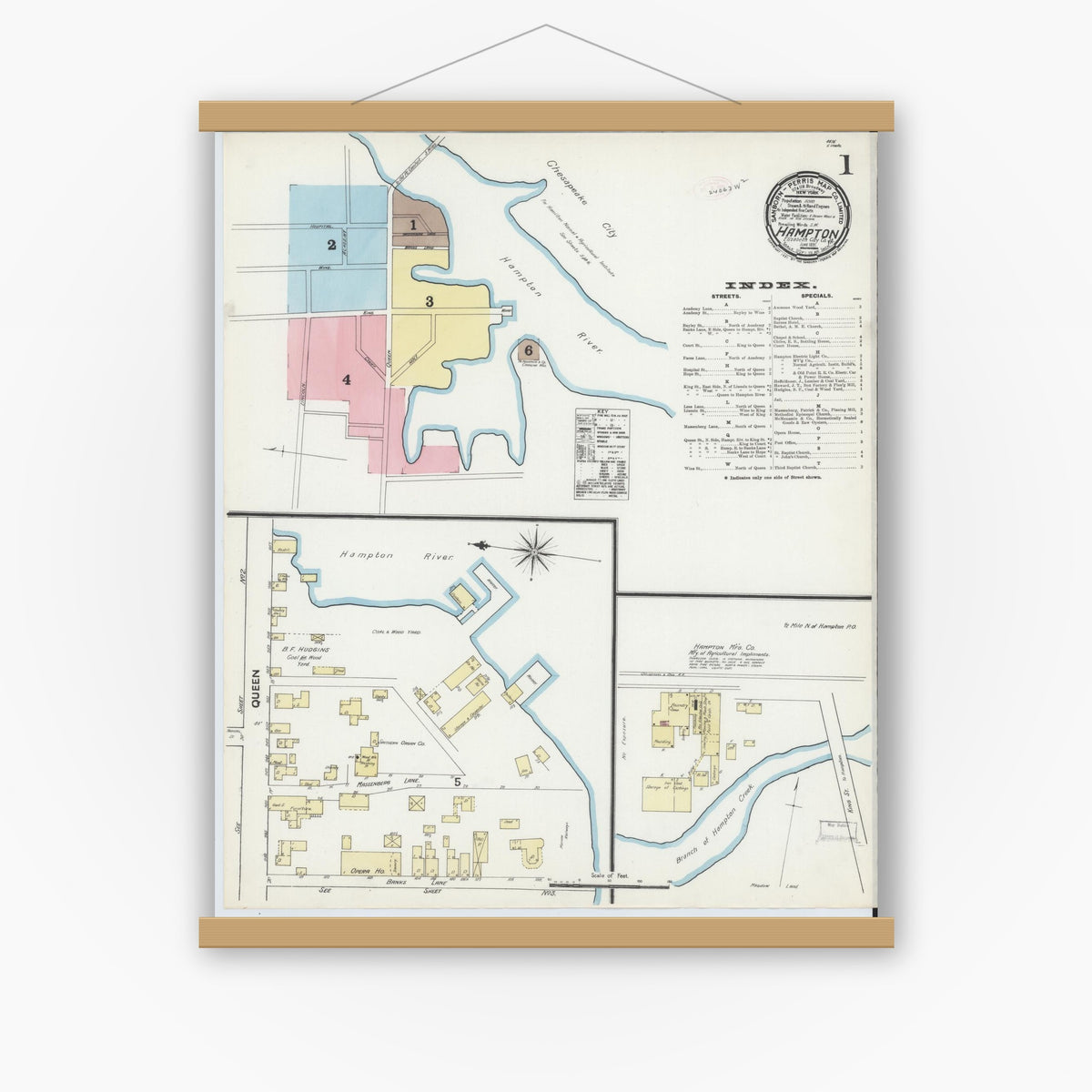 Old map wall art mockup — magnetic wood frame on white wall — Sanborn Fire Insurance Map from Hampton, Independent Cities, Virginia (1891), Sheet #0001
