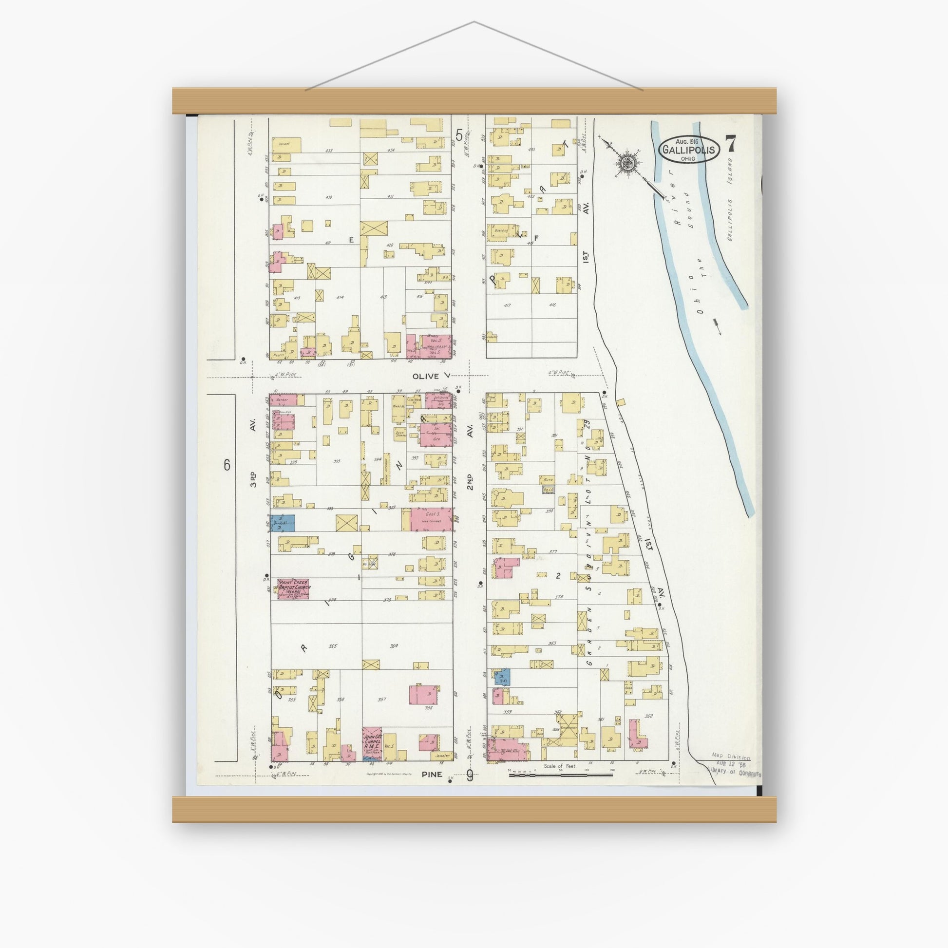 Old map wall art mockup — magnetic wood frame on white wall — Sanborn Fire Insurance Map from Gallipolis, Gallia County, Ohio (1916), Sheet #0007