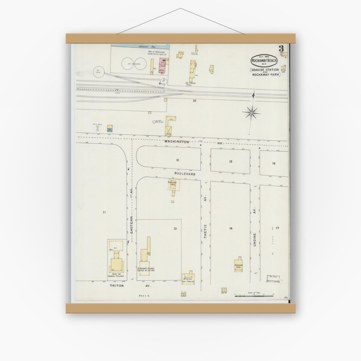Old map wall art mockup — magnetic wood frame on white wall — Sanborn Fire Insurance Map from Rockaway Beach, Queens County, New York (1894), Sheet #0003