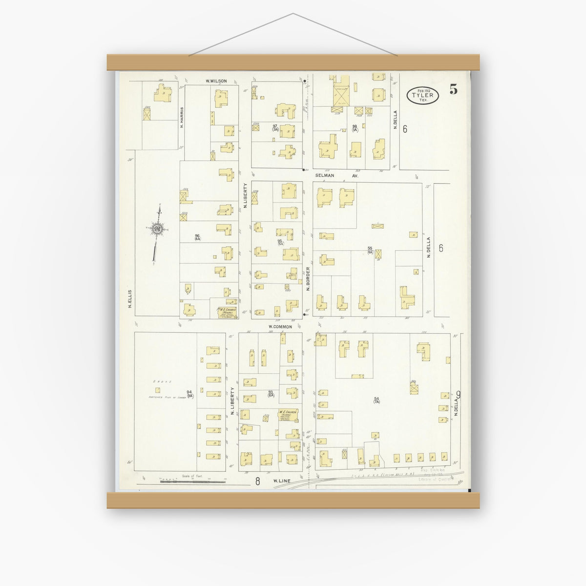Old map wall art mockup — magnetic wood frame on white wall — Sanborn Fire Insurance Map from Tyler, Smith County, Texas (1912), Sheet #0005