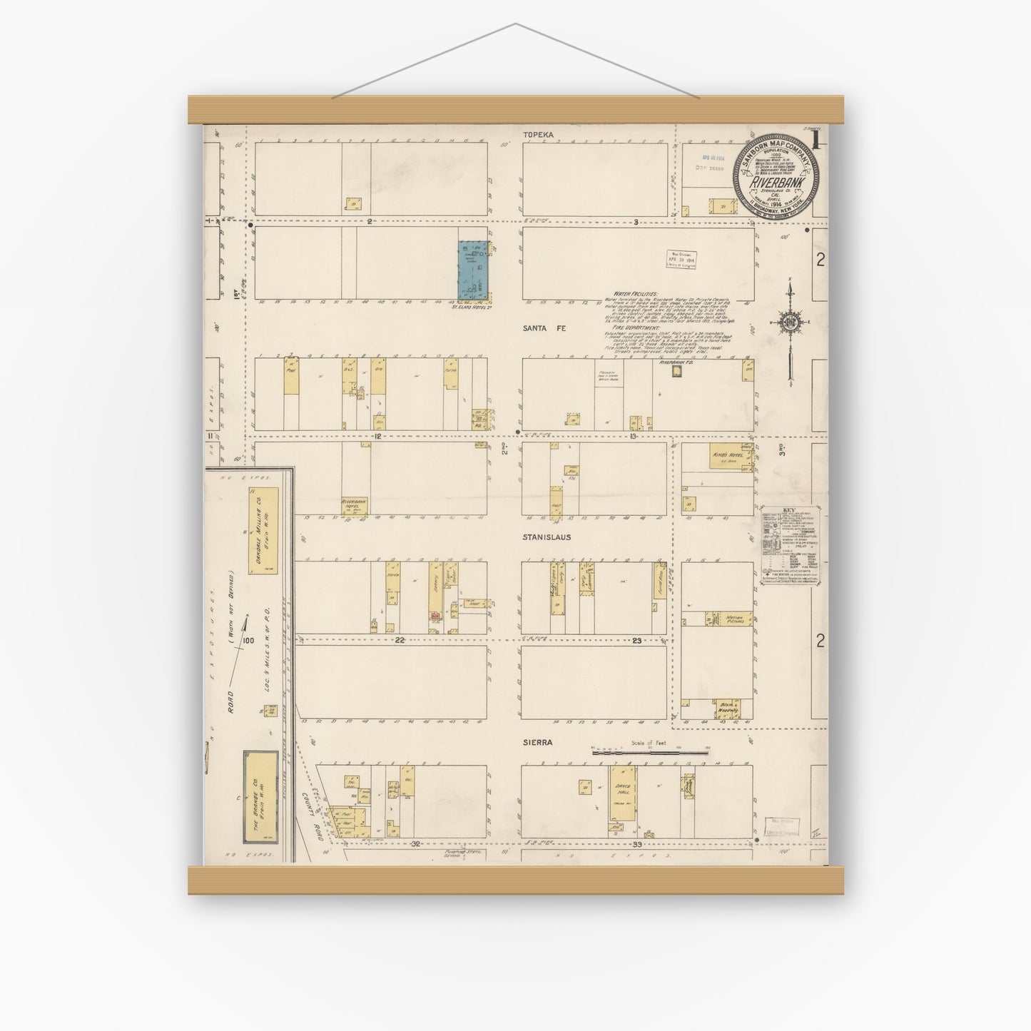 Old map wall art mockup — magnetic wood frame on white wall — Sanborn Fire Insurance Map from Riverbank, Stanislaus County, California (1914) - Complete Map Set