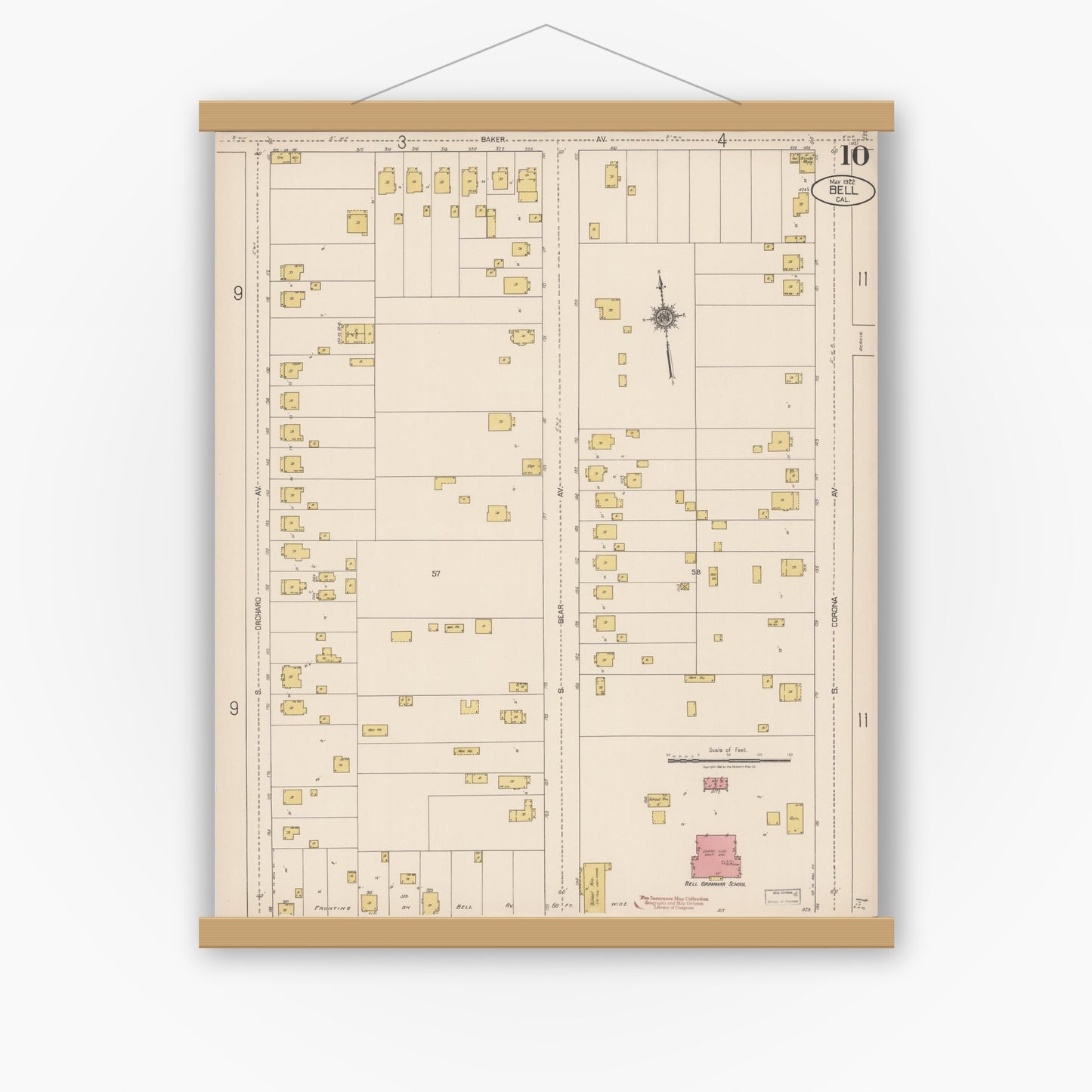 Old map wall art mockup — magnetic wood frame on white wall — Sanborn Fire Insurance Map from Bell, Los Angeles County, California (1922), Sheet #0010
