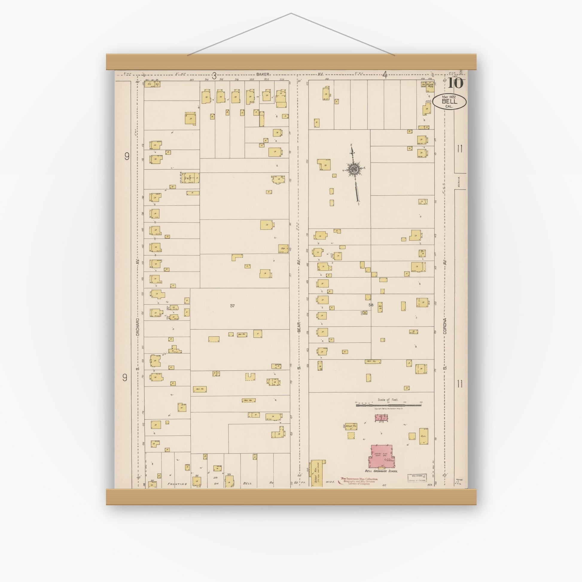 Old map wall art mockup — magnetic wood frame on white wall — Sanborn Fire Insurance Map from Bell, Los Angeles County, California (1922), Sheet #0010