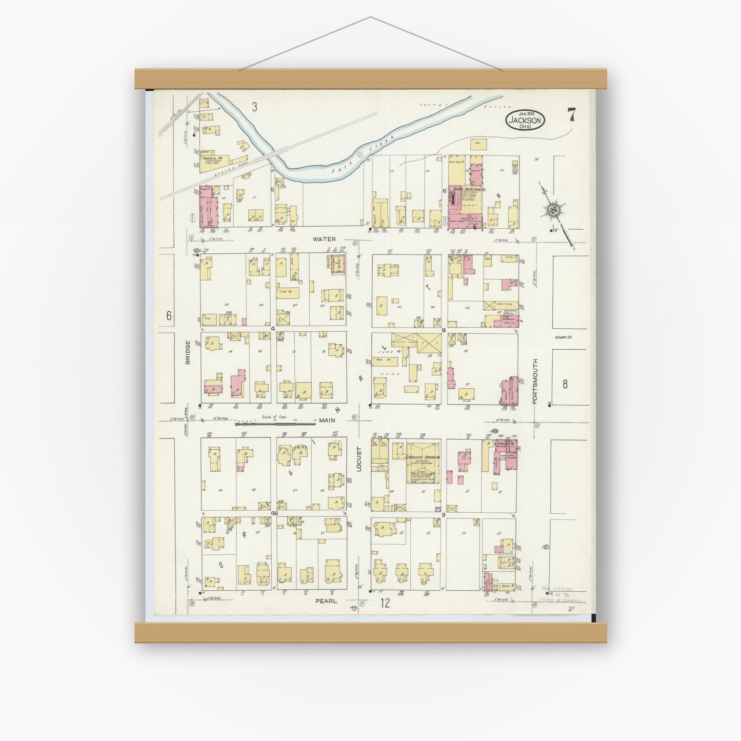 Old map wall art mockup — magnetic wood frame on white wall — Sanborn Fire Insurance Map from Jackson, Jackson County, Ohio (1914), Sheet #0007