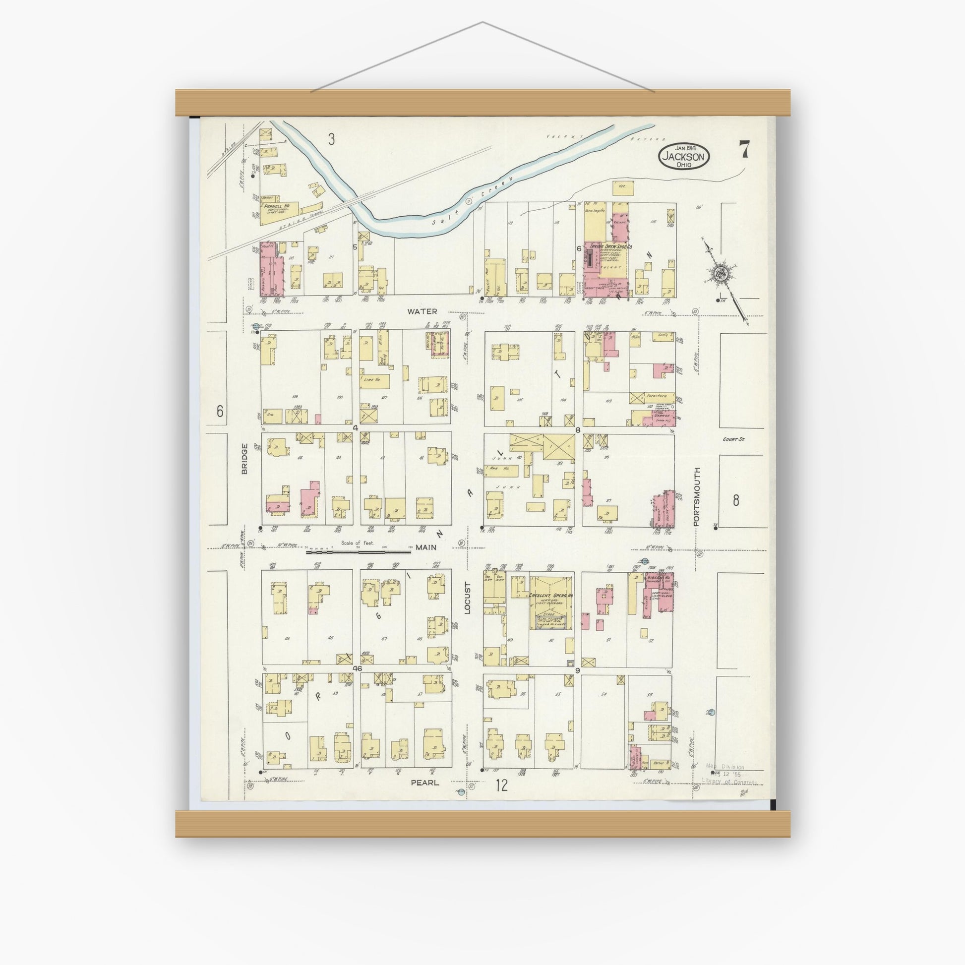 Old map wall art mockup — magnetic wood frame on white wall — Sanborn Fire Insurance Map from Jackson, Jackson County, Ohio (1914), Sheet #0007