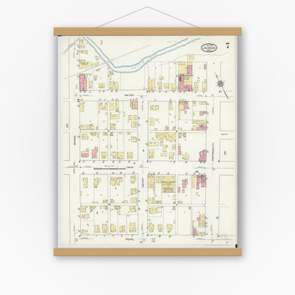 Old map wall art mockup — magnetic wood frame on white wall — Sanborn Fire Insurance Map from Jackson, Jackson County, Ohio (1914), Sheet #0007
