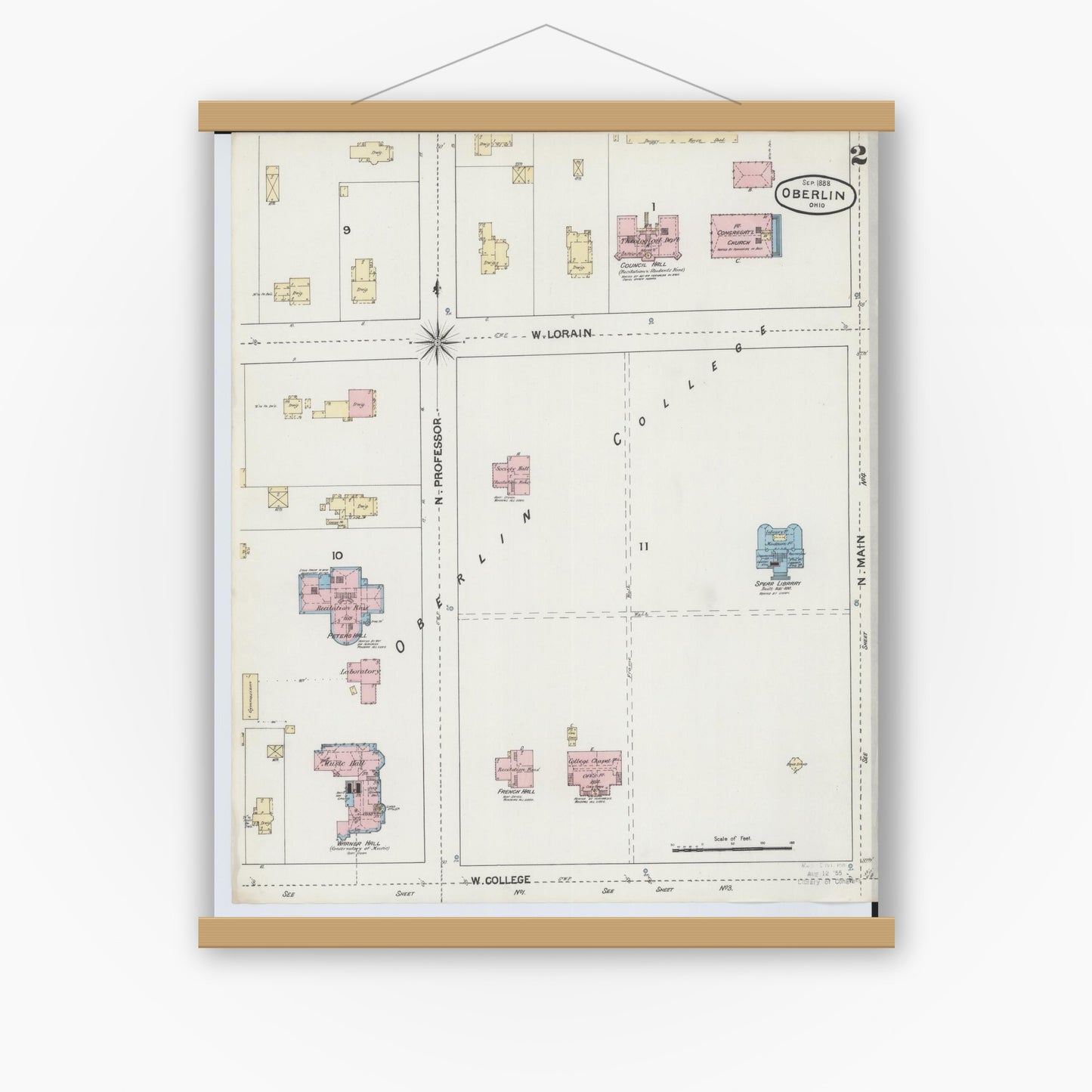 Old map wall art mockup — magnetic wood frame on white wall — Sanborn Fire Insurance Map from Oberlin, Lorain County, Ohio (1888), Sheet #0002