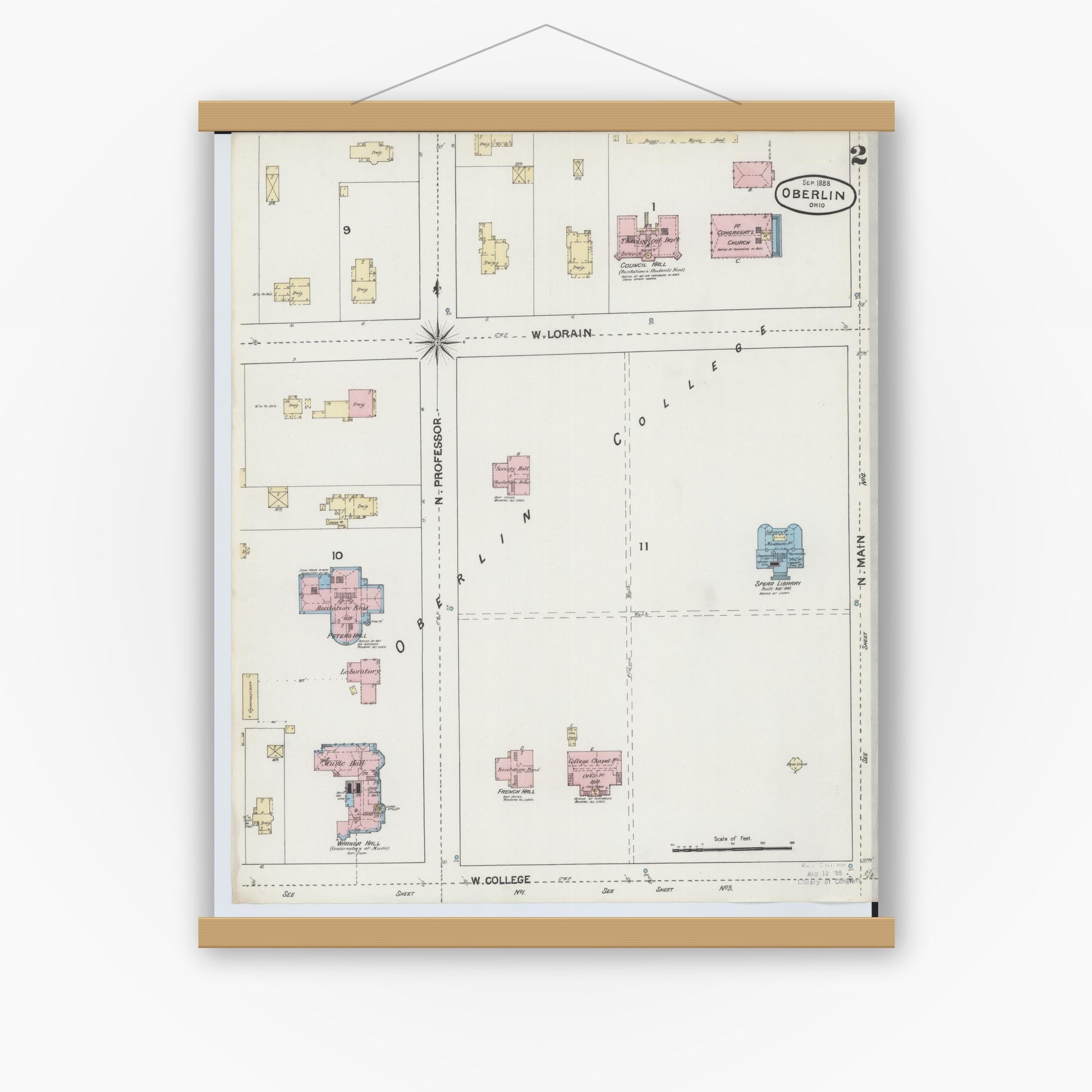 Old map wall art mockup — magnetic wood frame on white wall — Sanborn Fire Insurance Map from Oberlin, Lorain County, Ohio (1888), Sheet #0002