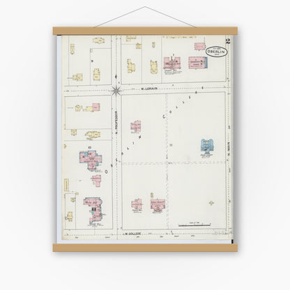 Old map wall art mockup — magnetic wood frame on white wall — Sanborn Fire Insurance Map from Oberlin, Lorain County, Ohio (1888), Sheet #0002