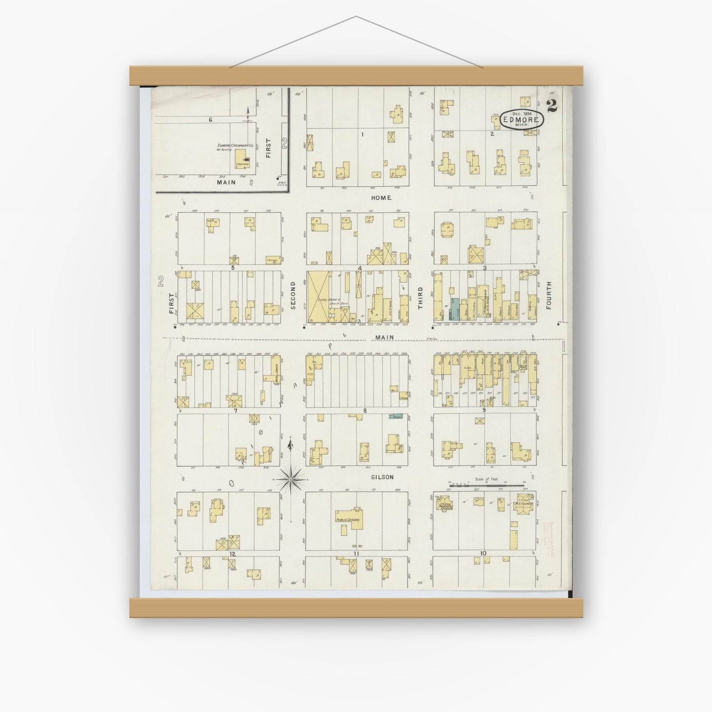 Old map wall art mockup — magnetic wood frame on white wall — Sanborn Fire Insurance Map from Edmore, Montcalm County, Michigan (1894), Sheet #0002