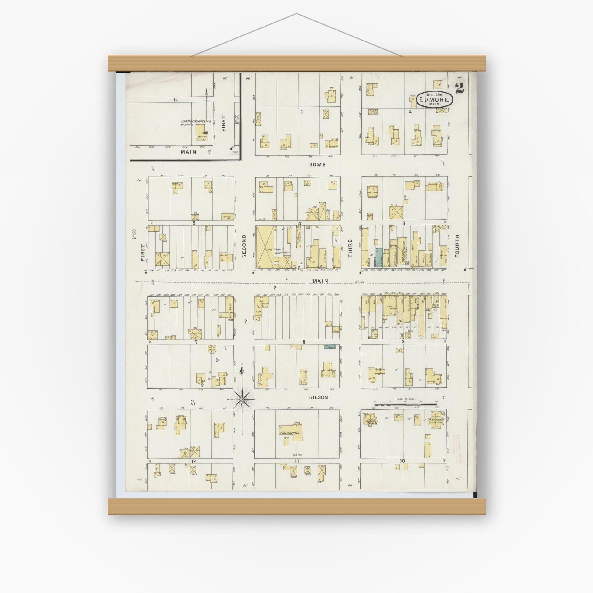 Old map wall art mockup — magnetic wood frame on white wall — Sanborn Fire Insurance Map from Edmore, Montcalm County, Michigan (1894), Sheet #0002