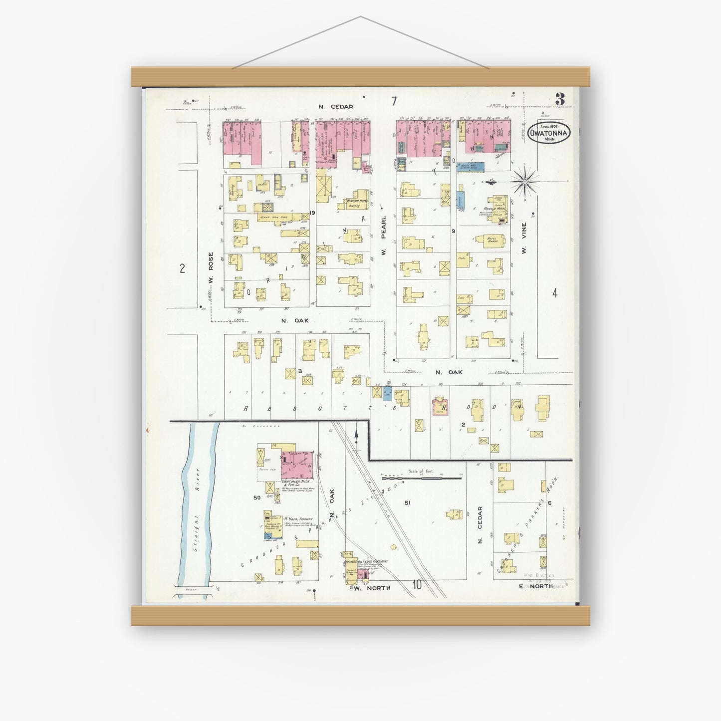 Old map wall art mockup — magnetic wood frame on white wall — Sanborn Fire Insurance Map from Owatonna, Steele County, Minnesota (1909), Sheet #0003