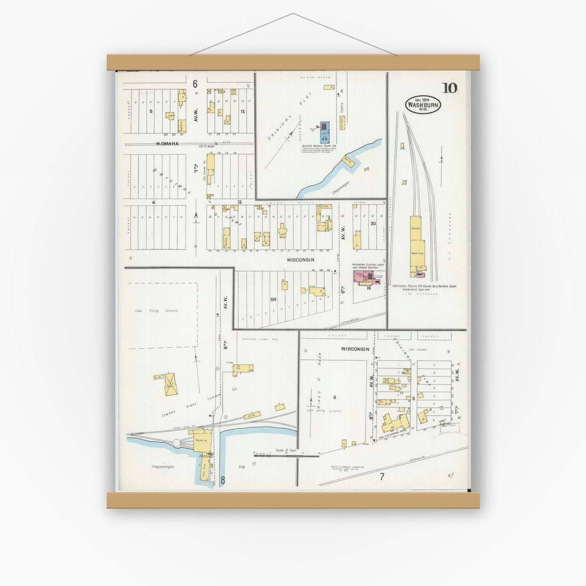 Old map wall art mockup — magnetic wood frame on white wall — Sanborn Fire Insurance Map from Washburn, Bayfield County, Wisconsin (1904), Sheet #0010