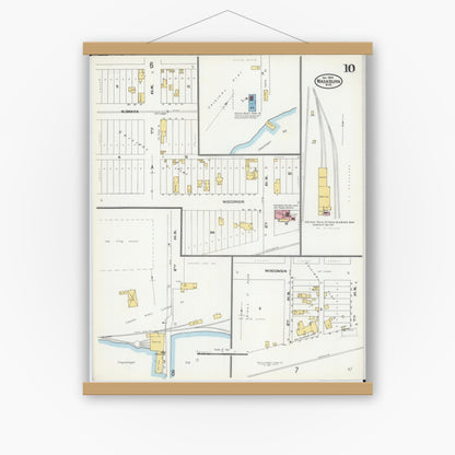 Old map wall art mockup — magnetic wood frame on white wall — Sanborn Fire Insurance Map from Washburn, Bayfield County, Wisconsin (1904), Sheet #0010