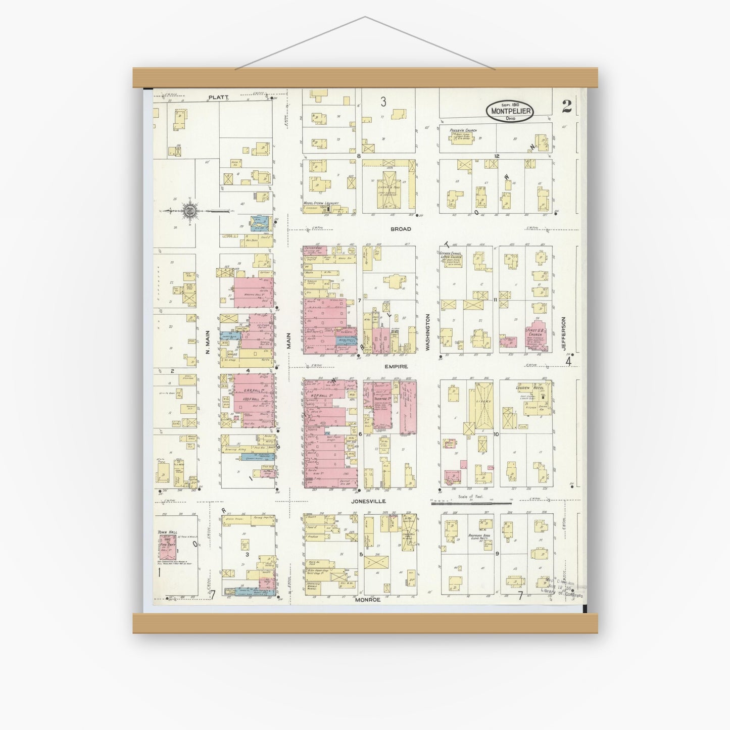 Old map wall art mockup — magnetic wood frame on white wall — Sanborn Fire Insurance Map from Montpelier, Williams County, Ohio (1910), Sheet #0002