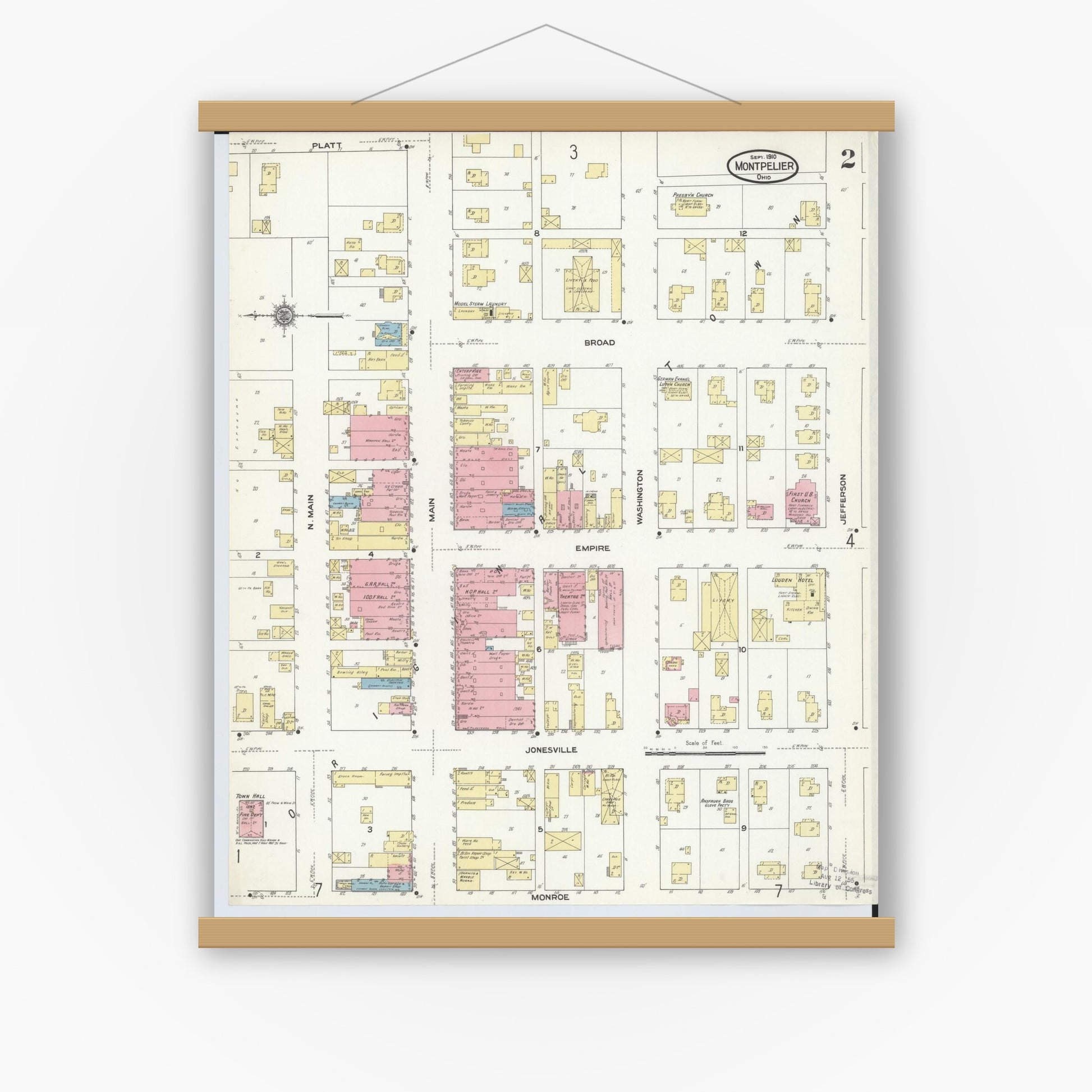 Old map wall art mockup — magnetic wood frame on white wall — Sanborn Fire Insurance Map from Montpelier, Williams County, Ohio (1910), Sheet #0002